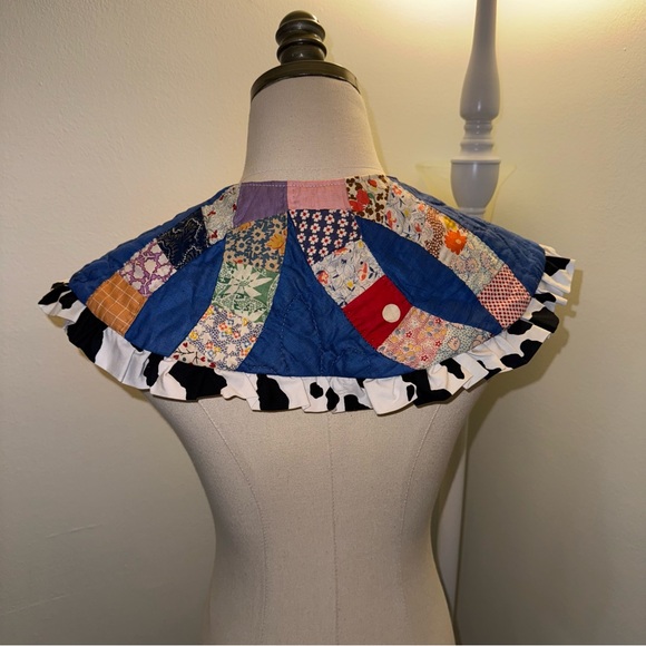 Psychic Outlaw Patchwork Quilted Colorful Blue Cow Statement Ruffle Collar - Picture 4 of 7